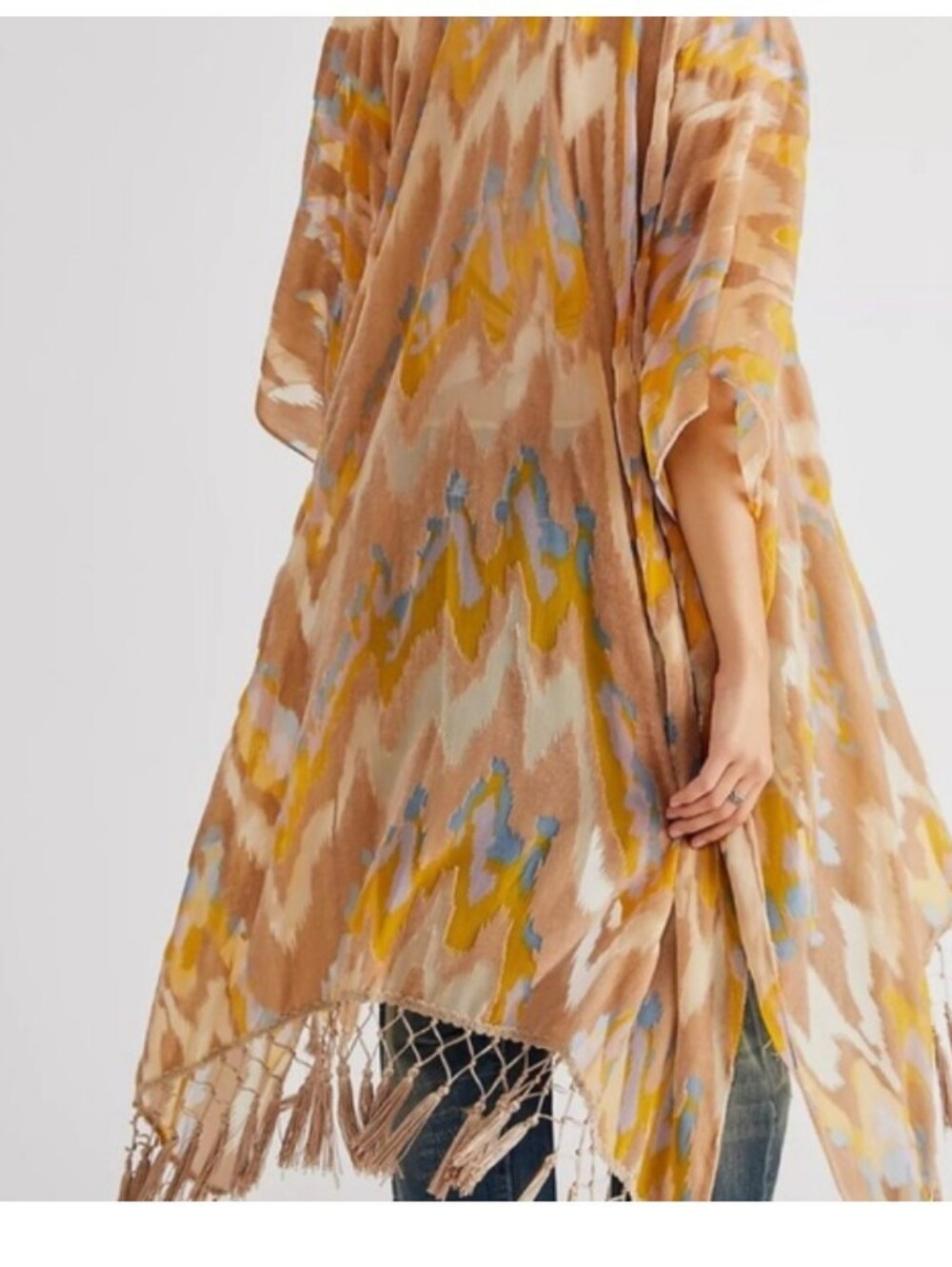 Free People Ikat-Print Open Kimono in Beige, Mustard & Sky Blue